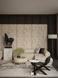 A modern living room featuring a white leather sofa, marble coffee table, and dark wood accents. A black horse sculpture stan
