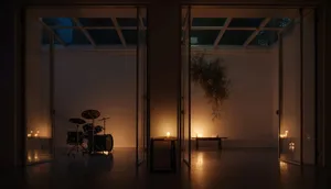 A candlelit music room with dark wood floors and walls, featuring a drum set and a hanging plant.