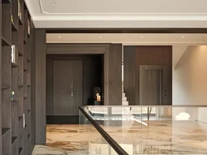 A minimalist residential interior showcases marble flooring and wooden elements.