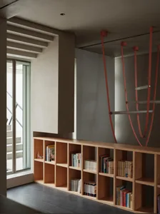 A modern interior bookshelf made of wood