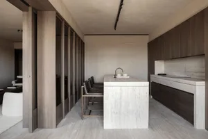 Minimalist residential kitchen with a concrete island counter and seating, featuring sleek, dark wood cabinetry and a polishe