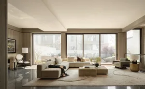 Modern living room featuring neutral-toned furniture and a spacious, open layout with floor-to-ceiling windows.