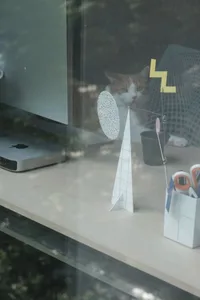 A modern window display featuring a paper decoration with a cat sitting behind it.