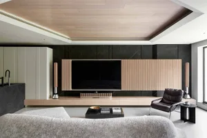 Modern living room featuring wooden walls and a sleek entertainment center.