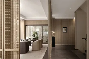 Modern office interior with wooden panels and contemporary furniture.