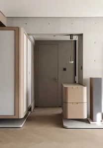 A minimalist, modern wooden interior space with a door, cabinets, and a pendant light.