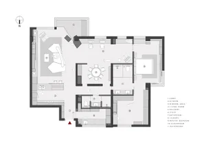 Detailed 2D architectural drawing of a residential floor plan, featuring different rooms and their layout.