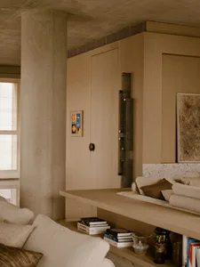 A modern living room with a wooden shelf, a sofa, and various decorative elements.