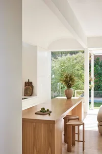 Modern minimalist residential kitchen featuring natural wood finishes