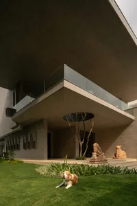 Modern concrete house with a spacious, open design and a dog lying on the lawn.