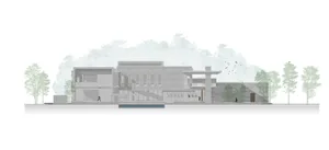 A modern residential building with concrete and glass features.