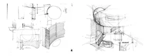 Black and white sketches on a piece of paper depicting architectural designs.