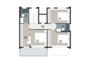 A technical drawing of a modern floor plan featuring a staircase and several rooms.