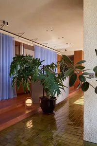 Modern interior corridor with green plants, wooden panels, and green tiles on the floor.