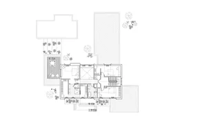 Architectural blueprint of a residential house showing the ground floor layout and outdoor space.