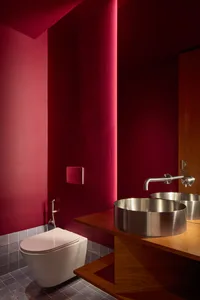 Modern bathroom with red walls and metal sinks and toilet