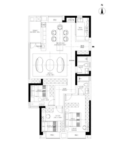 A modern residential floor plan featuring floating shelves in the living area.