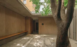 Modern indoor courtyard with concrete walls and a plant, featuring a wooden bench and a small hallway leading to a residentia