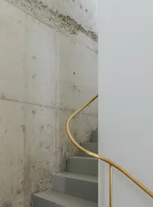 Modern interior with concrete staircase and minimalist design.