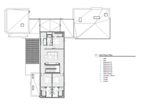 A detailed architectural drawing of a residential floor plan featuring modern design elements and wood and concrete materials