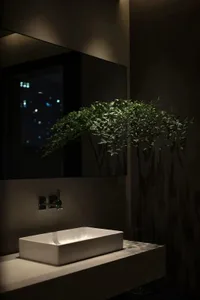 A modern bathroom with a minimalist design, featuring a white rectangular sink, a large mirror, and greenery