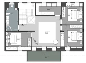 A modern bedroom layout with neutral colors and a central space.