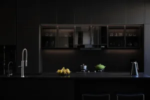 Modern kitchen with black countertops and cabinets, featuring stainless steel appliances and a bowl of lemons.