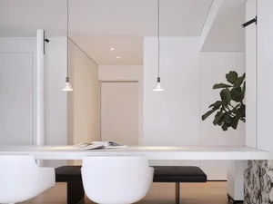 A minimalist modern dining room with white furniture and a plant.