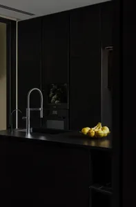 A modern minimalist kitchen with black cabinets, stainless steel appliances, and a black countertop with metallic accents.