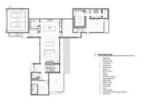 An overhead view of a modern residential floor plan with labeled rooms and spaces.