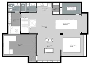 A modern residential interior floor plan showing the layout of a multi-functional living space with a bar area, cloak room, s
