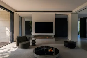 Modern residential interior with minimalist design, featuring a black fireplace, gray carpet, and round coffee table.