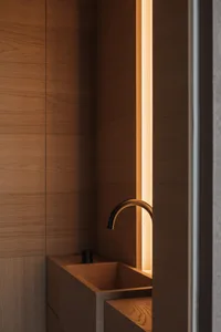 Modern bathroom with wooden finishes and minimalist design.