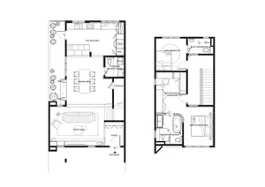 Floor plan of a modern residential house, showcasing contemporary design elements.