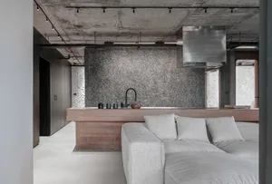 Modern industrial-style kitchen featuring exposed concrete walls and a minimalist design.