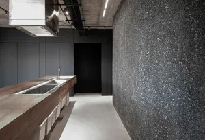 Modern minimalist kitchen with concrete countertop, featuring sleek, clean lines and a monochromatic color palette.
