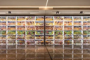 Multiple glass shelves filled with various toys in a retail setting.