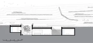 A black-and-white architectural floor plan featuring glass-walled interiors