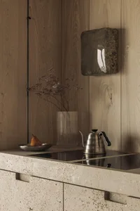 Minimalist kitchen featuring a concrete countertop and wooden cabinets.