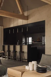 A modern kitchen featuring black cabinets and concrete countertops.