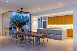 A modern kitchen with a wooden table and chairs, featuring a large tree in the background.