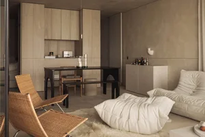 A modern living room with wooden furniture and minimalist design.