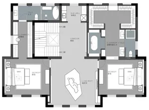 Modern residential layout with minimalist design, featuring grey tones and a contemporary floor plan.