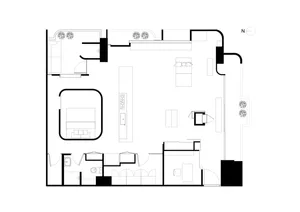 Floor plan of a minimalist apartment layout with modern furniture and furnishings.