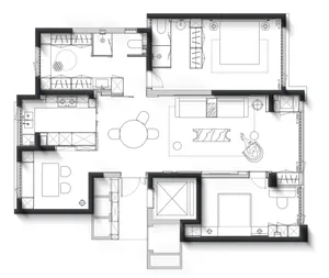 Floor plan of a modern residential interior featuring contemporary furniture and space-saving design.