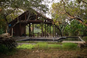 A wooden outdoor living structure with a pool and seating area surrounded by lush greenery.