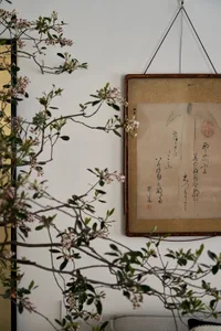 A decorative frame with Chinese calligraphy and a botanical illustration hanging on a white wall.