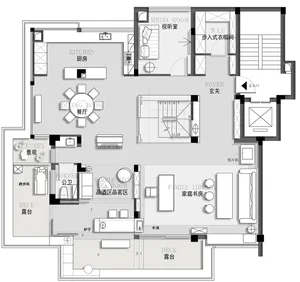 Modern residential floor plan with kitchen, dining room, and living room.