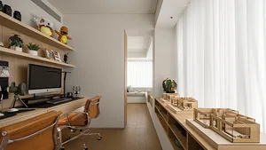 Minimalist office space featuring wooden furniture, white walls, and white curtains with a view to another room with a window