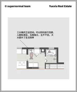 Floor plan of a modern bathroom with a separated shower, toilet, and bathtub area.
